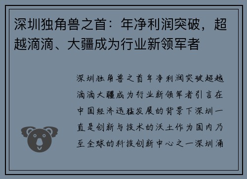 深圳独角兽之首：年净利润突破，超越滴滴、大疆成为行业新领军者